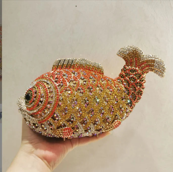 Women's Rhinestone Fish Evening Minaudiere Bag | Luxury Gold Stone Bridal Clutch Purse | Premium Metallic Hard Shell Wedding Handbag | Elegant Genuine Leather Lined Party Dinner Purse Model 01 Luxegan