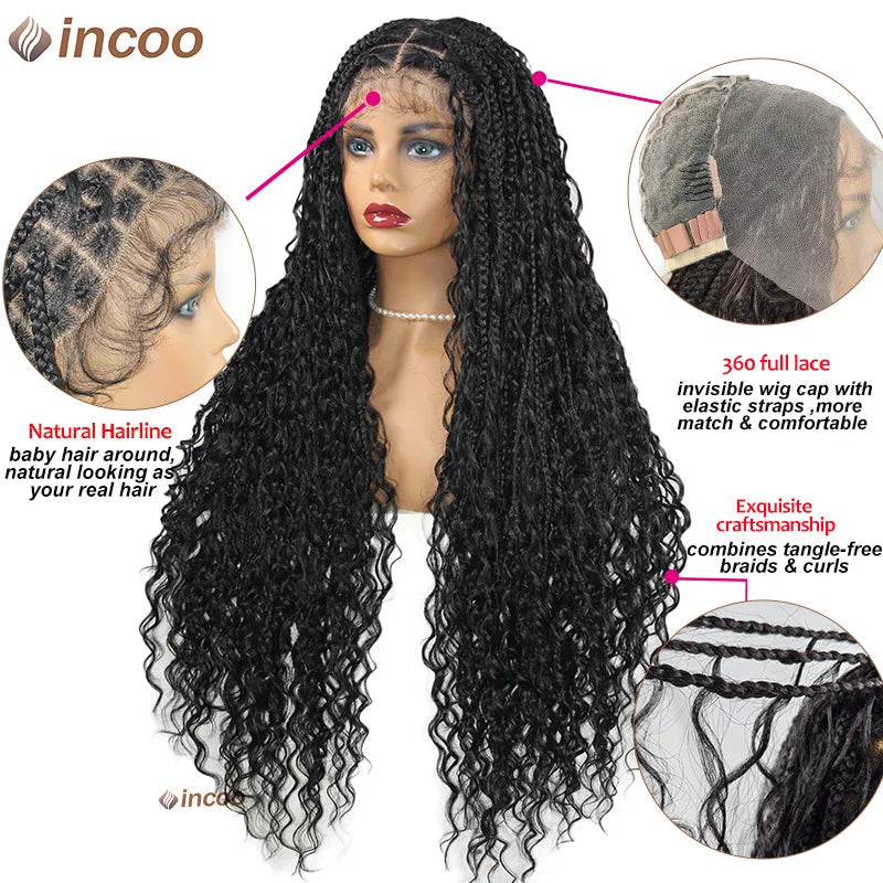 Long 32 Boho Braided Full Lace Front Wigs Synthetic Blonde Curly Goddess Locs Cornrows Wigs Pre Plucked Baby Hair Box Braids Wig Luxegan