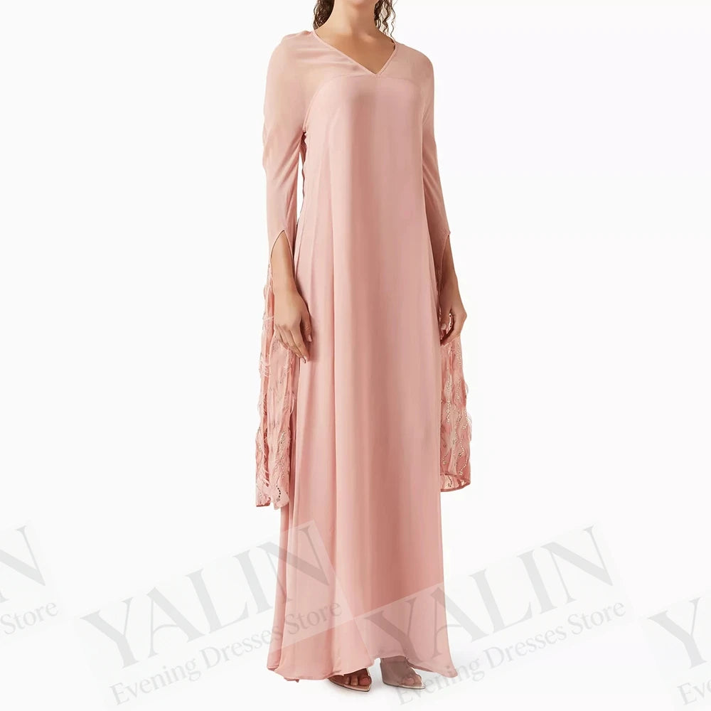 Feather Sequined A-Line Prom Dress | V-Neck Full Sleeve Ankle-Length Evening Gown Luxegan
