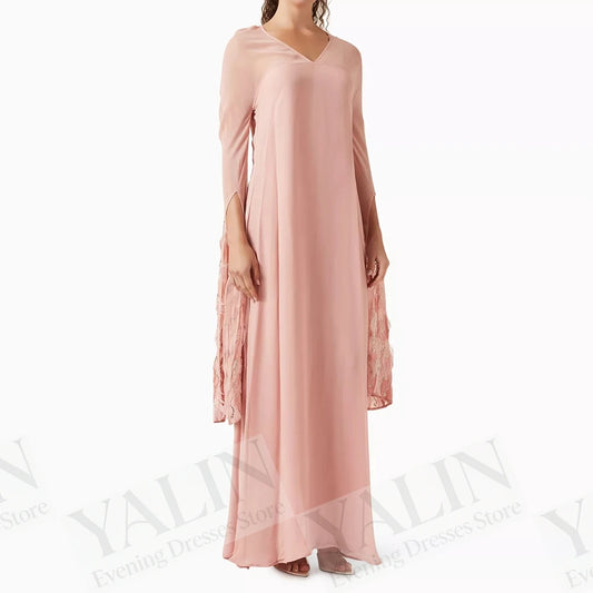 Feather Sequined A-Line Prom Dress | V-Neck Full Sleeve Ankle-Length Evening Gown Luxegan