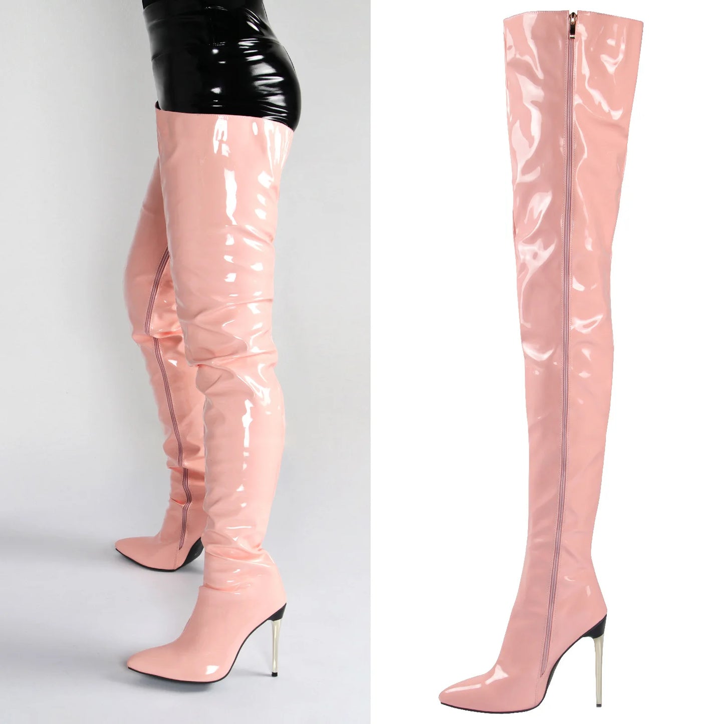 Patent Leather Over-the-Knee Stilettos | Sophisticated Super High Heel Thigh-High Boots | Elegant "Handmade Modern" Silhouette | "Dignified" Sexy Pointed Toe Winter Boots for Radiant Versatile Styling Luxegan