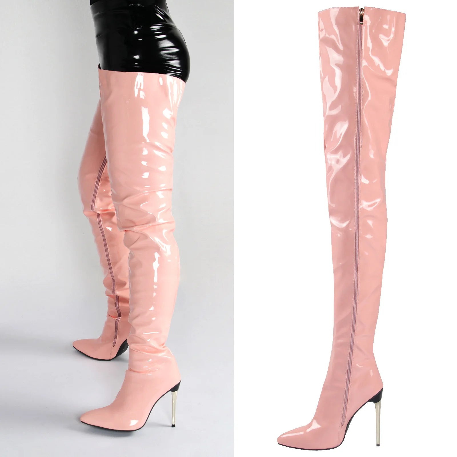 Patent Leather Over-the-Knee Stilettos | Sophisticated Super High Heel Thigh-High Boots | Elegant "Handmade Modern" Silhouette | "Dignified" Sexy Pointed Toe Winter Boots for Radiant Versatile Styling Luxegan
