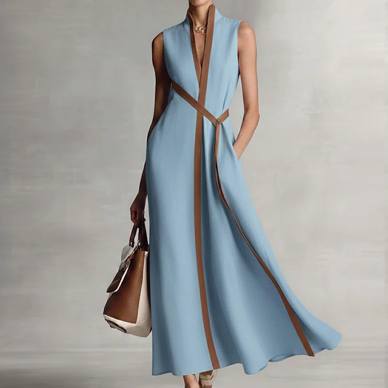 V-Neck Sleeveless Patchwork A-Line Loose Ankle-Length Maxi Dress | Elegant Chic Holiday Party Dress Luxegan