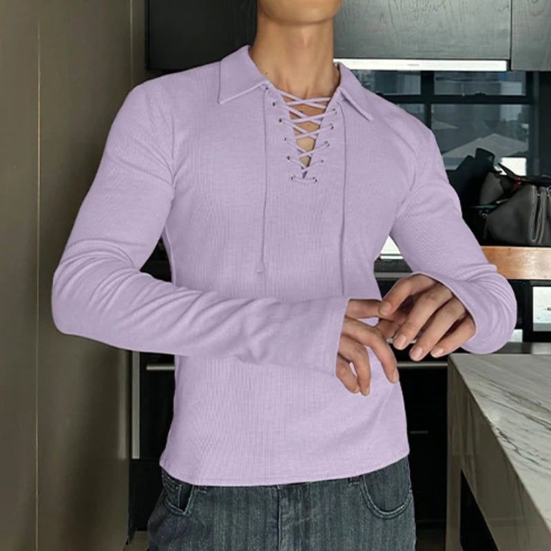 Mesh Drawstring Texture T-Shirt | Sophisticated Turn-Down Collar Silhouette | Elegant "Full-Length" Breathable Camiseta | "Dignified" Solid Knit Top for Radiant Versatile Styling Luxegan