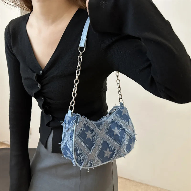 Casual Star Denim Shoulder Bags for Women | Plaid Tassel Cool Hot Girls Underarm Phone Bag - view 2