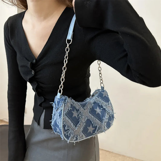 Casual Star Denim Shoulder Bags for Women | Plaid Tassel Cool Hot Girls Underarm Phone Bag | Fashion Versatile Female Handbags Luxegan