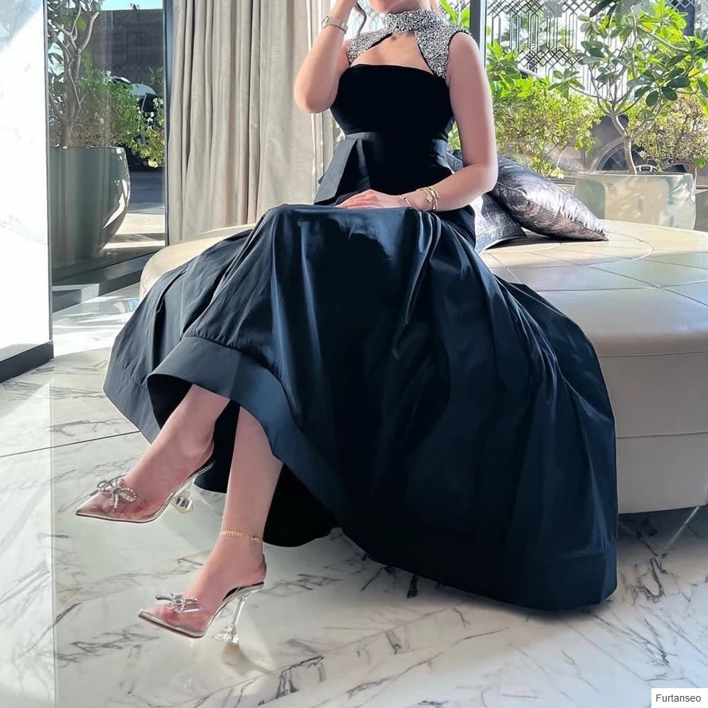 Crystal Sashes Draped A-Line Evening Gown | High-Neck Sleeveless Floor-Length Prom Dress Luxegan
