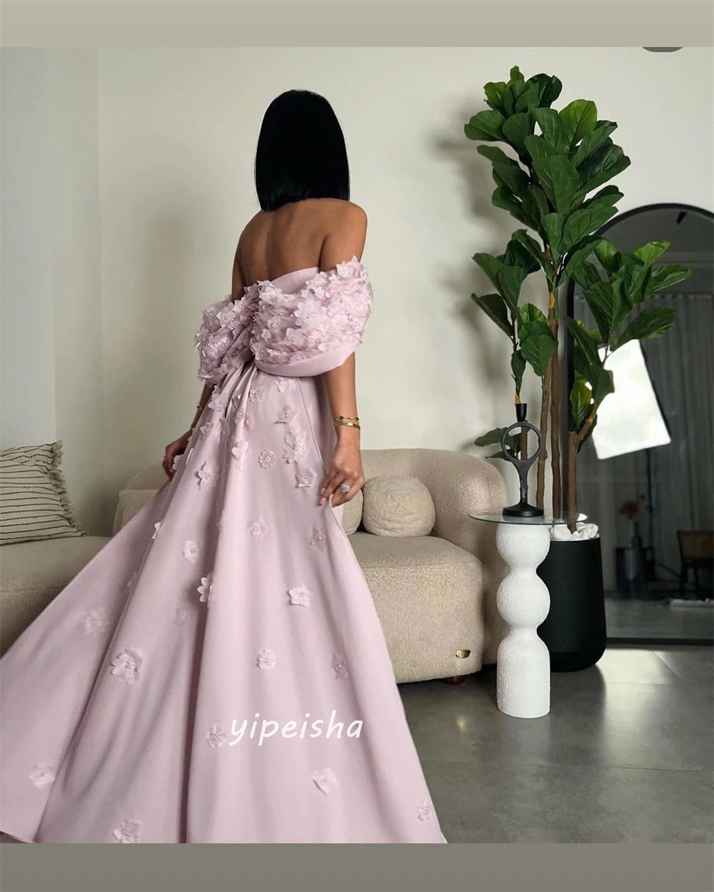 Appliqué Off-the-Shoulder Short Sleeve A-Line Floor-Length Formal Evening Dress – Polyester Satin, Built-In Bra, Natural Waist Luxegan