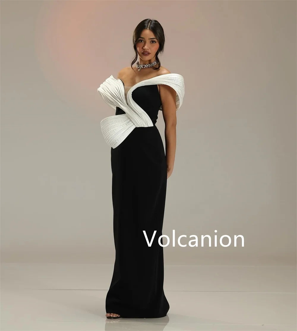 Pleated Off-the-Shoulder Short Sleeve Straight Floor-Length Formal Evening Dress – Polyester Jersey, Built-In Bra, Natural Waist Luxegan
