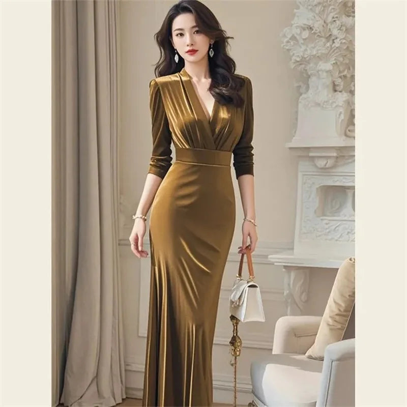 Solid Casual V-Neck Full-Length Sleeve Regular Fit A-Line Ankle-Length Dress – Slight-Stretch Cotton-Polyester Blend, Natural Waist, Autumn/Winter Luxegan