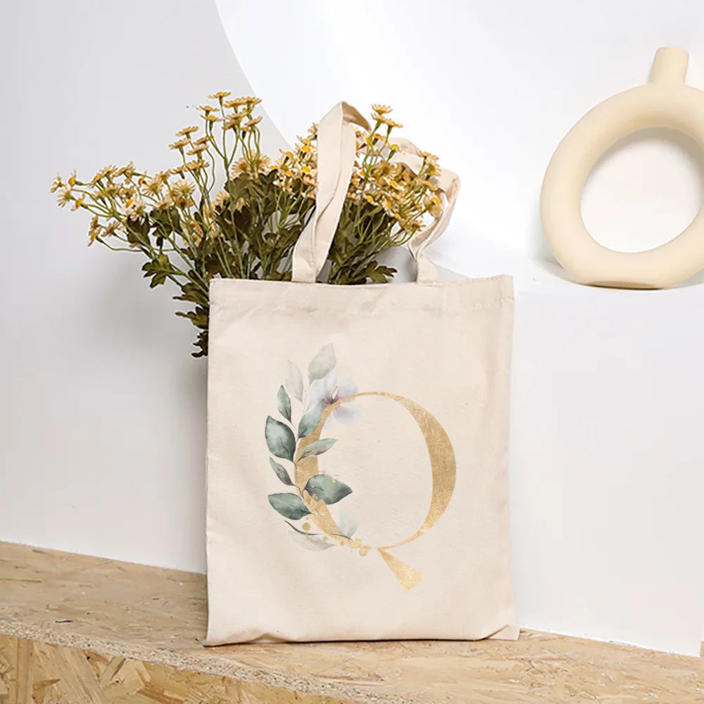 Leaves Plant Initial Print Canvas Tote Bag | Reusable Summer Beach & Shopping Handbag with Hasp Closure Luxegan