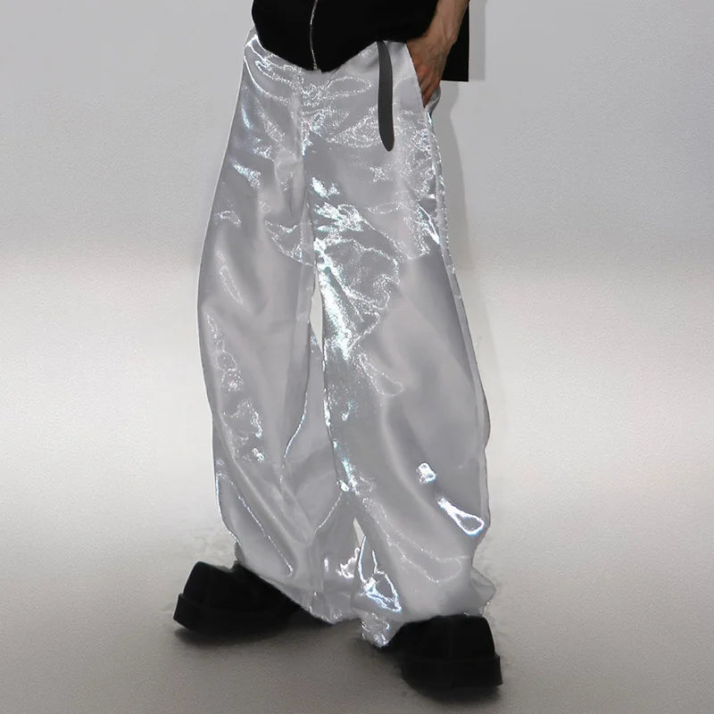 Shiny Elastic Waist Joggers | Sophisticated Mid-Waist Straight Silhouette | Elegant "Full-Length" Streetwear Fashion | "Dignified" Pleated Party Trousers for Radiant Versatile Styling