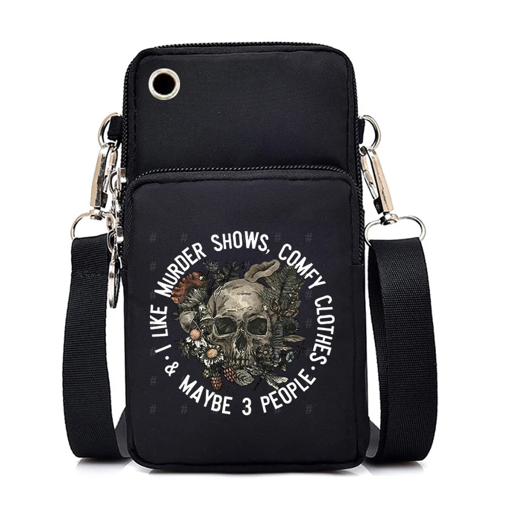 "Dead Inside But Love Cats" Shoulder Bag | Sophisticated Funny Vintage Skeleton Purse | Elegant Cartoon-Print Mobile Phone Bag | "Dignified" Soft Nylon Mini-Handbag for Versatile Casual Styling Luxegan