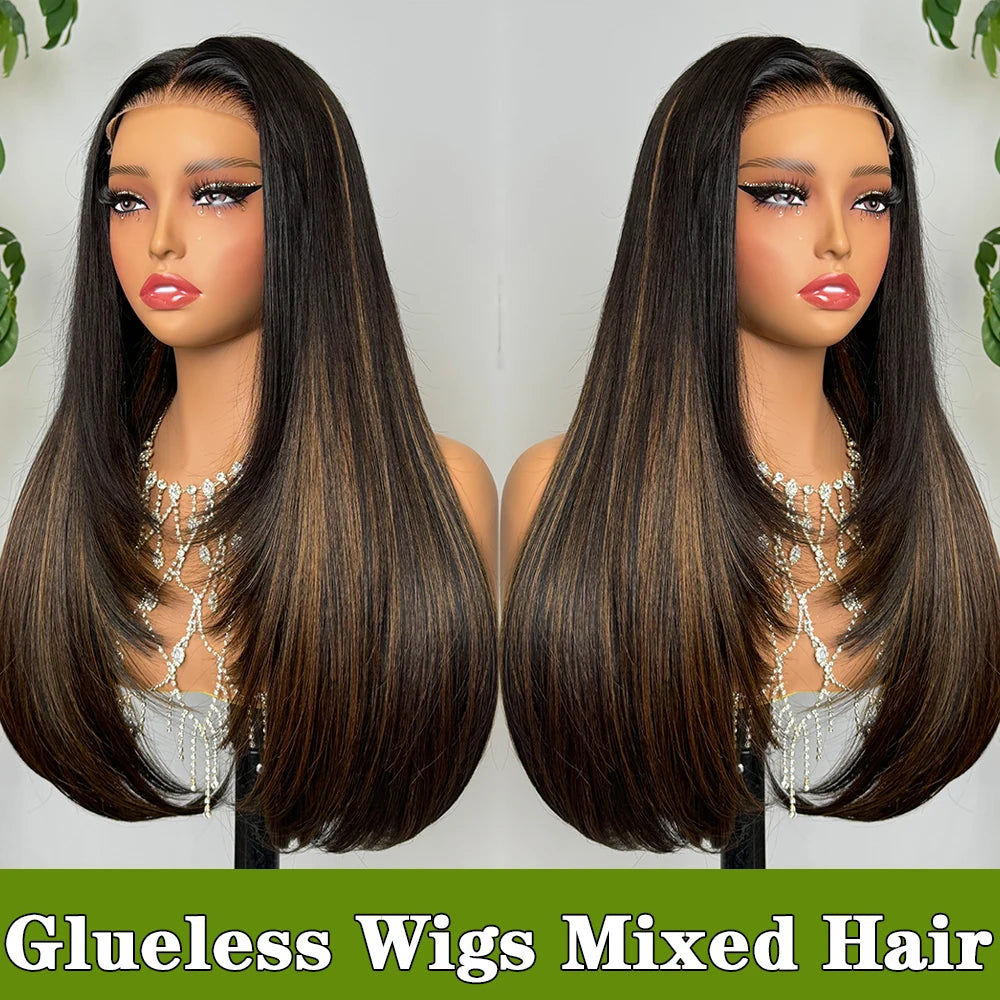 30-Inch Highlight Layered Glueless 6x6x1 Lace Closure Wig - Pre-Cut Lace & Pre-Plucked Hairline Wear-and-Go Mixed Hair Wig - 50% Human Hair / 50% Synthetic Hair Honey Highlight Straight Wig for Women Luxegan