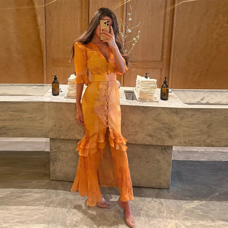Organza Floral Printed Maxi Dress V-Neck  Puff Sleeve 2026 Spring/Summer Romantic Women Party Gown Fashion Elegant Lady Vestidos