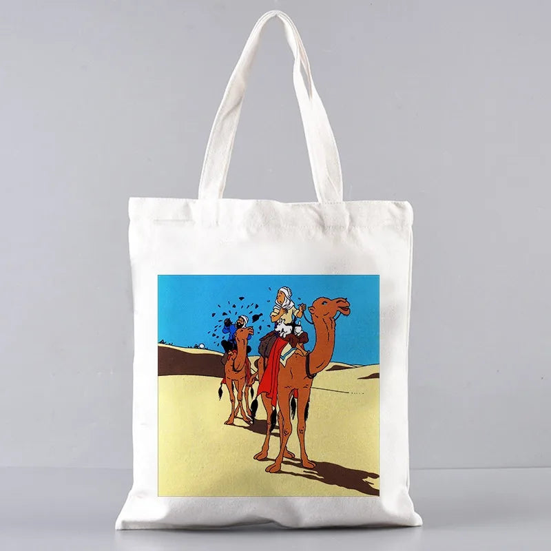 Soft Tintin Cartoon Canvas Large Capacity Tote | Open-Top Shopping Bag Luxegan