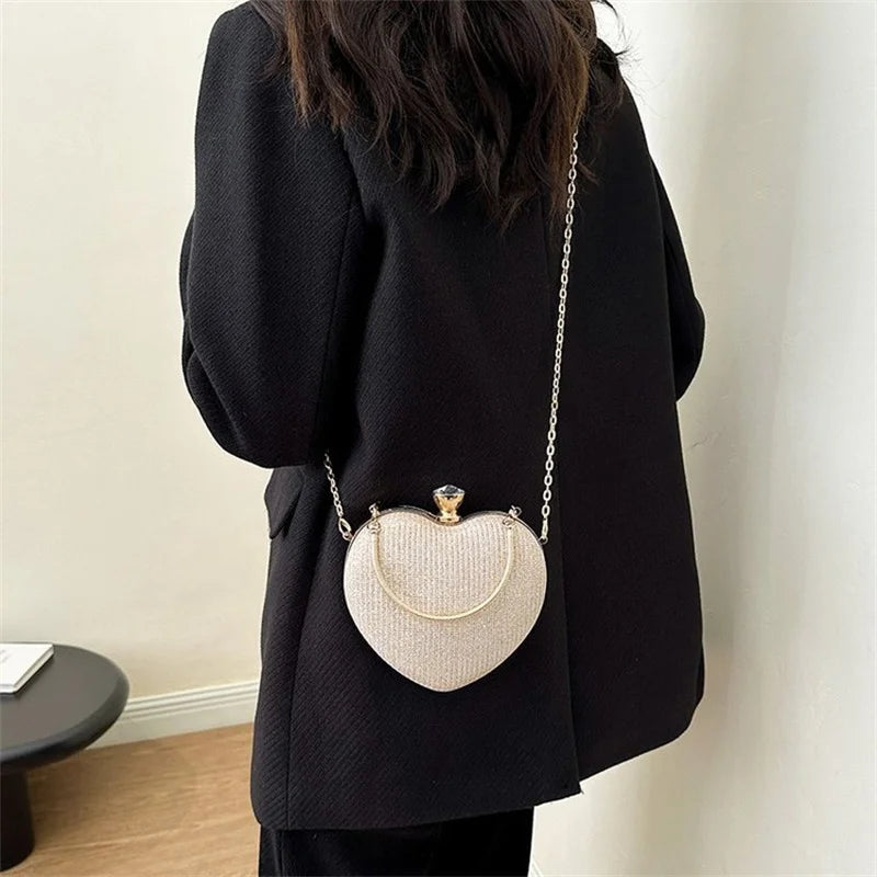 Shiny Heart Shape Metal Evening Clutch Bag for Women | Fashion Chain Shoulder Crossbody Bag (Luxury Lady Purse) Luxegan