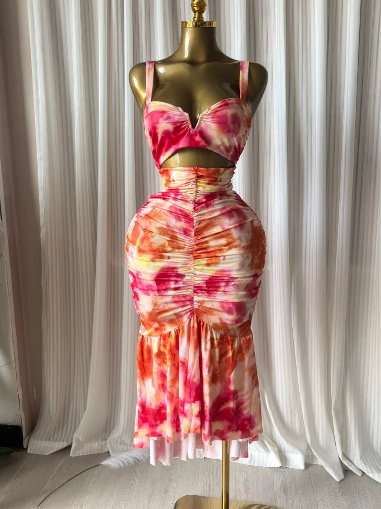 Women's Floral Print Cutout Ruched Ruffle Midi Dress Luxegan