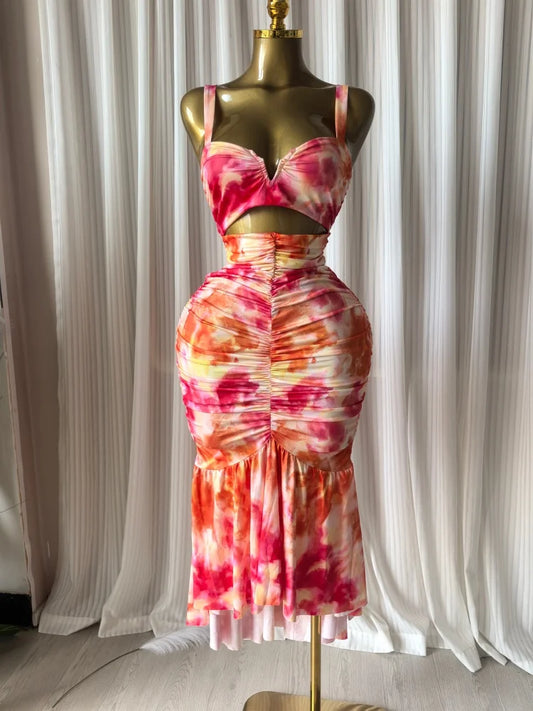 Women's Floral Print Cutout Ruched Ruffle Midi Dress Luxegan