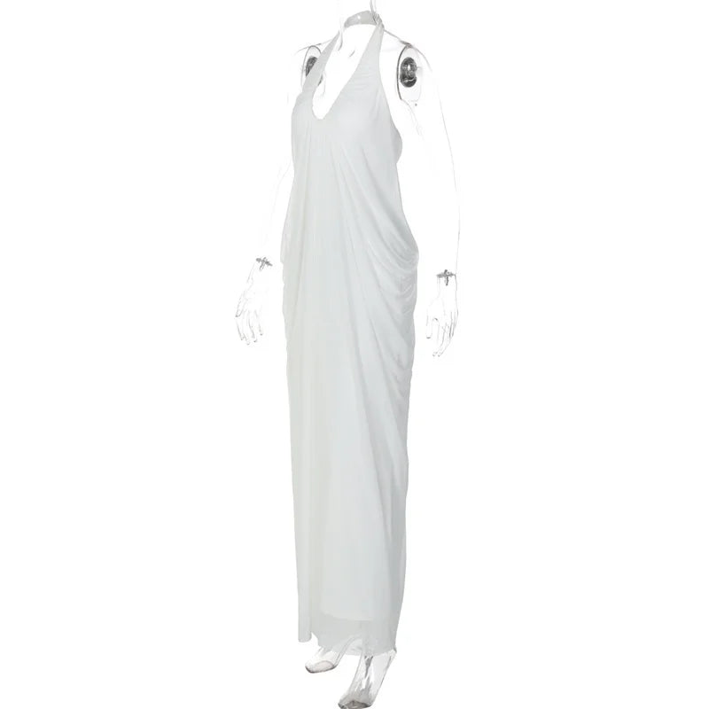 Mozision Mesh Halter Backless Sexy Maxi Dress Women Gown Fashion Elegant V Neck Sleeveless Pleated Club Party Long Dresses
