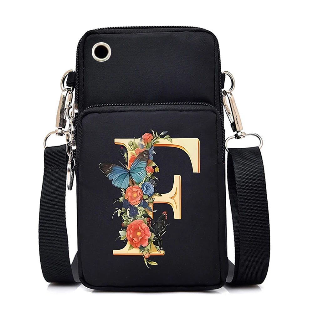 Women’s Small Crossbody Mobile Phone Bag | Sophisticated Vintage Flower & Alphabet Purse | Elegant Mini Messenger with Soft Leather Strap | Fashion-Forward Cartoon Applique Shoulder Bag (Model 858) Luxegan