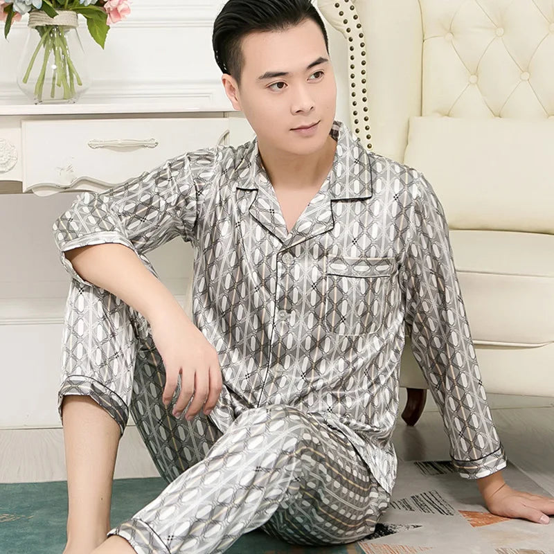 Men's Premium Ice Silk Pajama Set | Luxury Paisley Long-Sleeved Sleepwear Suit | Thin Turn-Down Collar Nightwear | Plus Size High-Quality Home Clothes Male Suit Model SY5004 Luxegan
