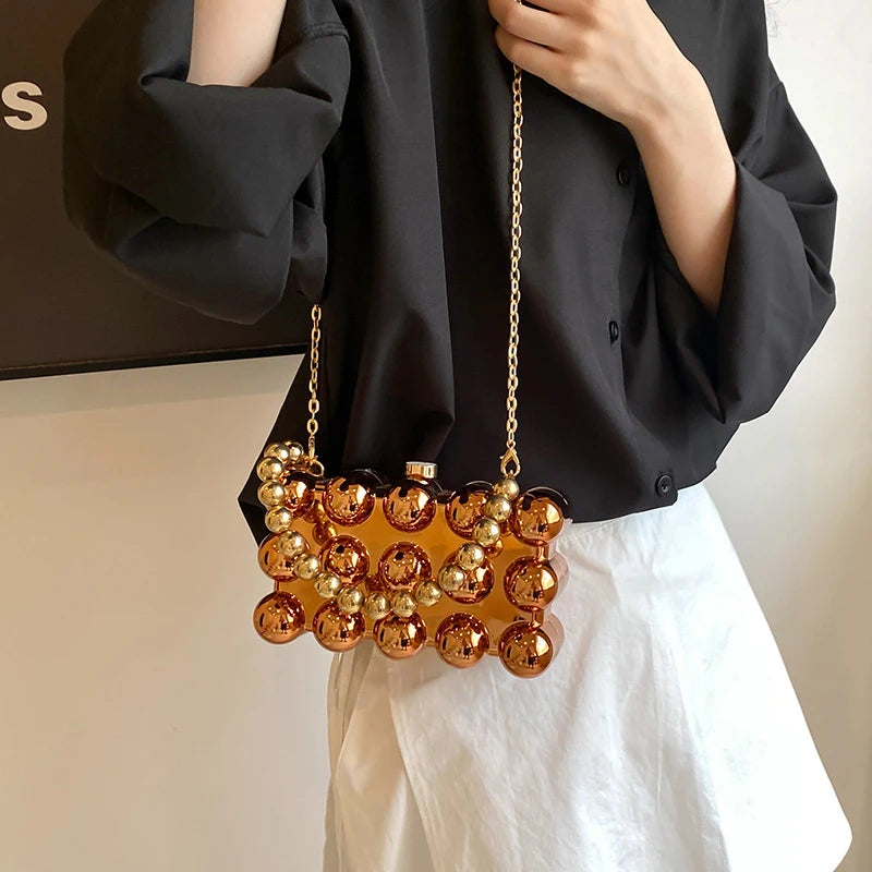 Luxury Acrylic 'Cake Box' Bag | Elegant Gold Beaded Chain Handbag Luxegan