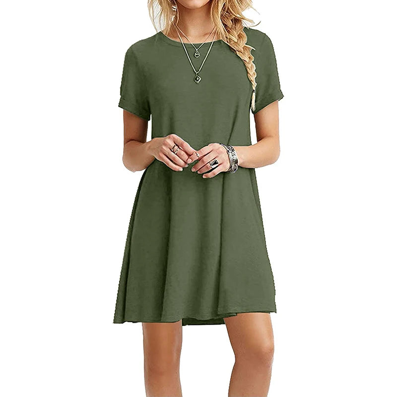 Casual Short Sleeve T-Shirt Dress | Vintage O-Neck Graphic Print Sundress | Elegant Simple Loose Fit A-Line Mini Dress | Premium Cotton Blend Summer Streetwear Model DR077 Luxegan