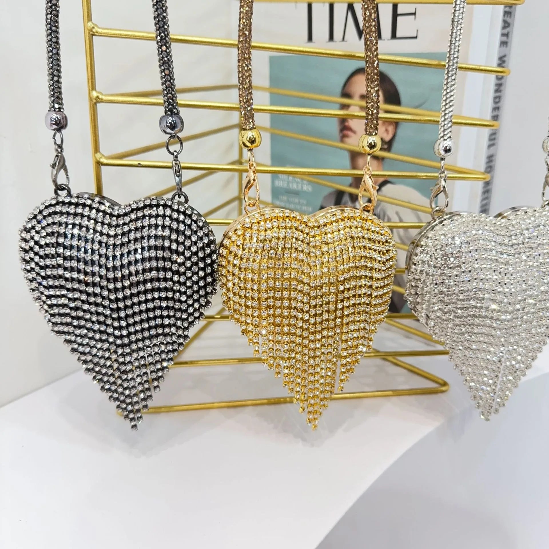 Luxury Mini Heart-Shape Crystal Clutch | Hard Diamond Inlay Evening Party Handbag - view 8
