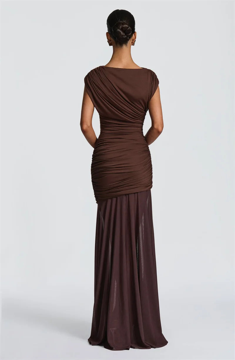 Women's Elegant Patchwork Mesh Maxi Dress | Sexy O-Neck Sleeveless Evening Gown | High Waist Slim Fit Ruched Club Party Long Dress | Premium High-Stretch Floor-Length Vestido Luxegan