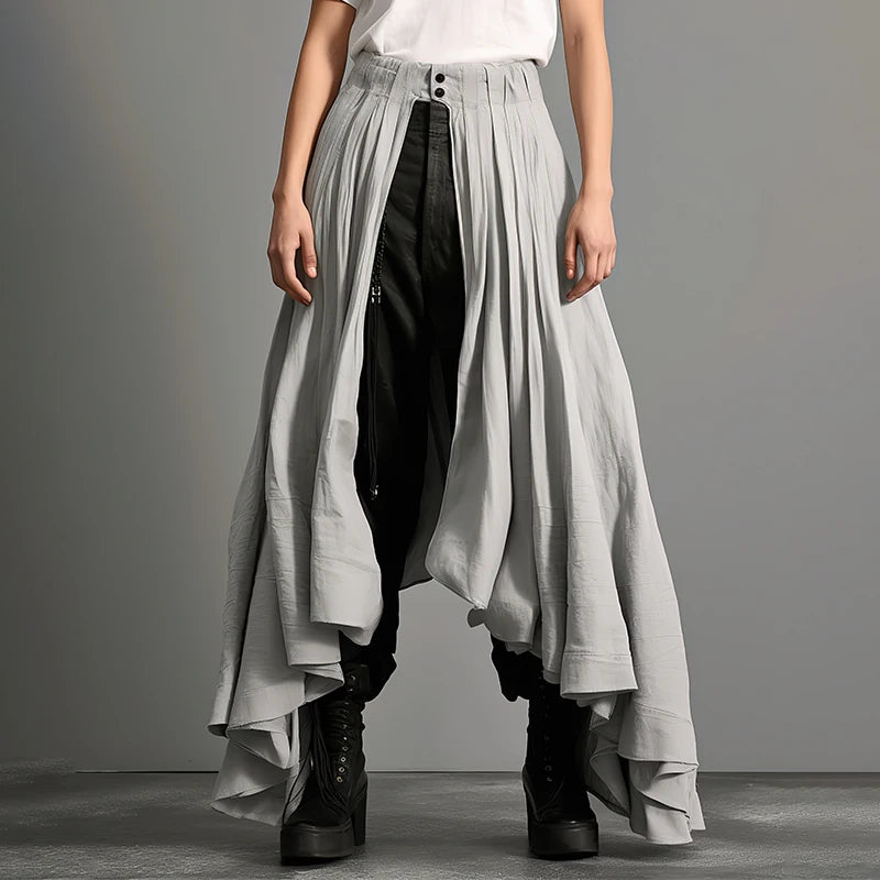 Men’s Irregular Pleated Skirt | Sophisticated Mid-Waist Loose Silhouette | Elegant "Ankle-Length" Split Streetwear | "Dignified" Button Fly Unisex Bottoms for Radiant Versatile Styling Luxegan