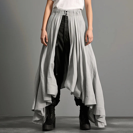Men’s Irregular Pleated Skirt | Sophisticated Mid-Waist Loose Silhouette | Elegant "Ankle-Length" Split Streetwear | "Dignified" Button Fly Unisex Bottoms for Radiant Versatile Styling Luxegan