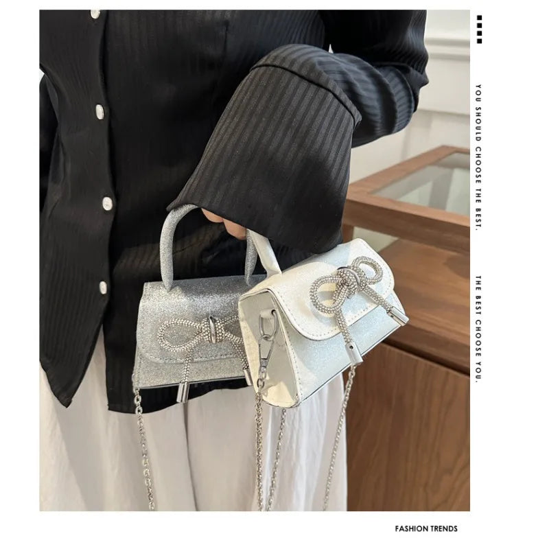 Glitter Small Square Handbag | PU Leather Bow Design Shoulder Bag