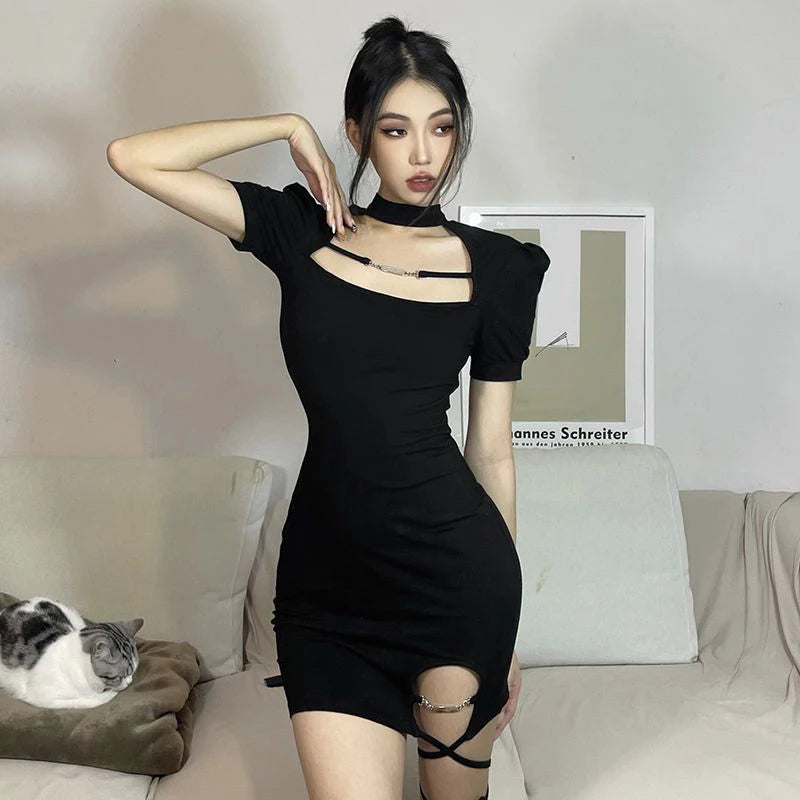 Women's Black Sexy Bandage Mini Dress | Korean Style Halter Neck-Mounted Gown | Summer Hollow-Out Slim Fit Sheath Dress | Short Sleeve Regular Shoulder Empire Waist Vestido Model QD04244 Luxegan