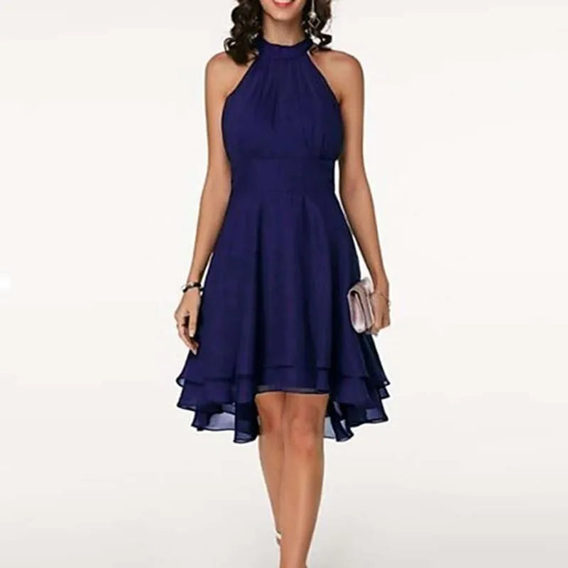 Solid Halter Sleeveless Gauze Overlay Slim Fit A-Line Mid-Calf Dress – Natural Waist, Summer Luxegan