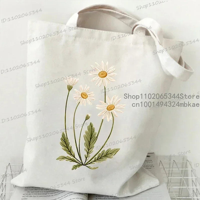 Fashion Canvas Tote Bag Oil Painting Wildflowers Print Lady Shoulder Shopping Bag | Plant Style Daisy Vintage Flower Women Handbag Luxegan