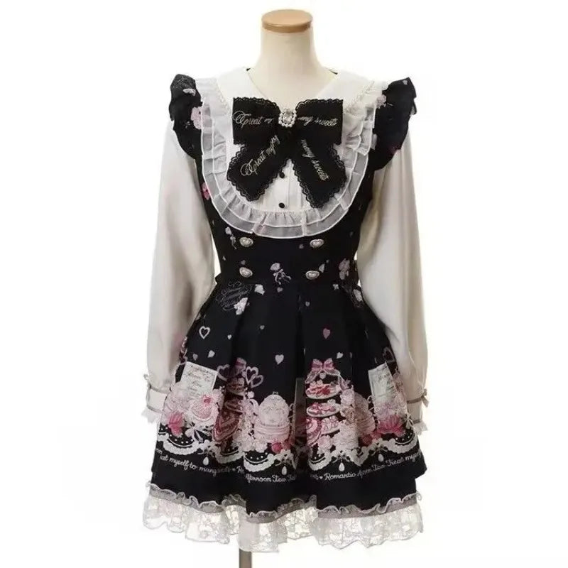 Gothic Vintage Y2K Japanese Style Dress Set | Elegant Lace Lolita Fashion Short Party Dress | Bow Tie Slim Fit Above Knee Mini Dress | Premium Tatting Regular Fit A-Line Luxegan