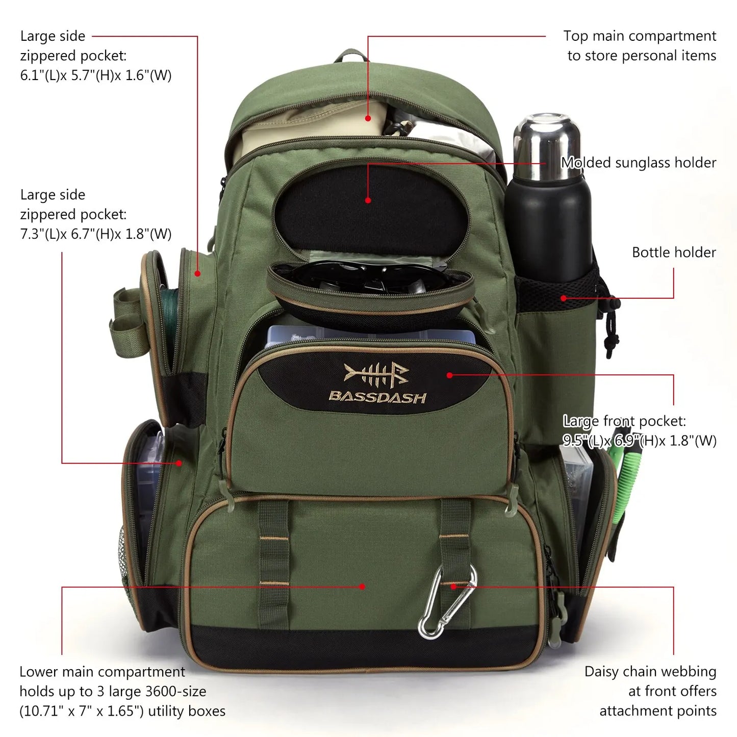 Mochila de pesca Bassdash, liviana, táctica, caja de aparejos, multifuncional