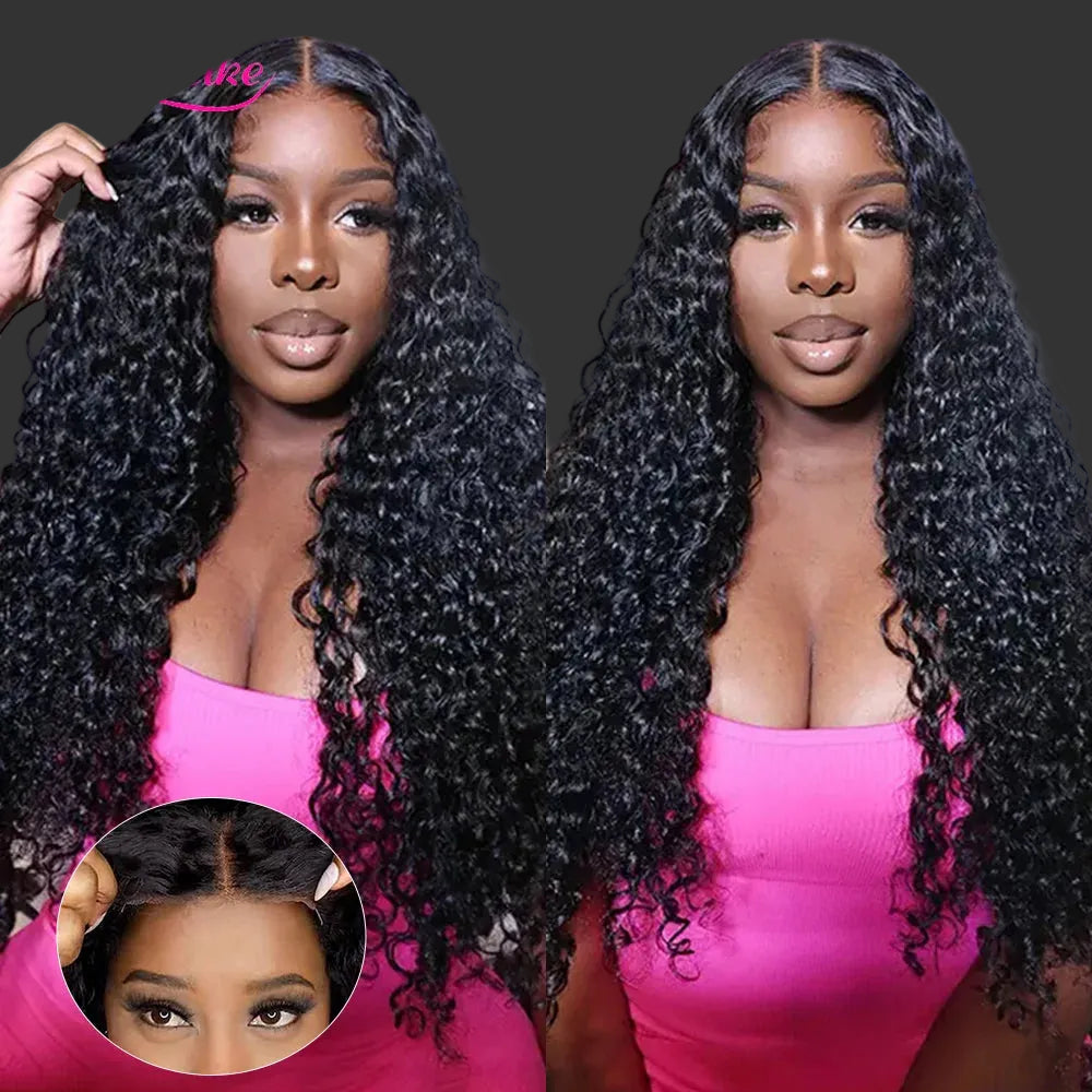 Water Wave Glueless Wear-and-Go Human Hair Wig - 6x4 Pre-Cut Transparent Lace Closure Wig - 180% Density Natural Black Curly Brazilian Remy Hair Long Wig for Women (20-30 Inch) Luxegan