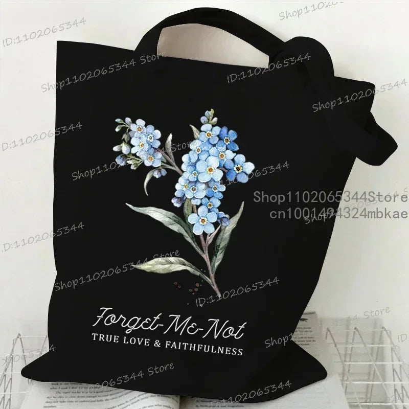 Myosotis Alpestris Canvasa Tote Bag for Women “Forget Me Not” Handbag Aesthetics Flower Shopper Bags Female Bohemia Shoulder Bag Luxegan