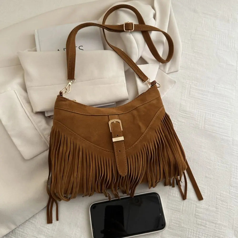 Casual Korean Tassel Shoulder Bag | Solid Color Suede & PU Leather Underarm Pack | Ethnic Bohemian Style Travel Handbag (Women) Luxegan