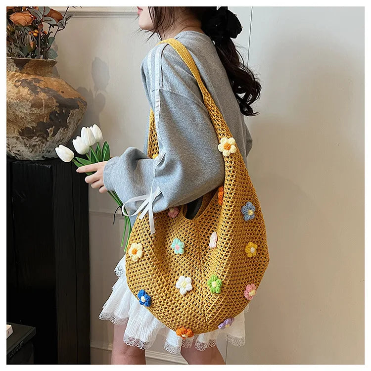 Hollow Mesh Knitted Shoulder Bag | Slouchy Chic Cartoon Beach Tote | Lightweight Laid-Back Woven Handbag | Spring & Summer Versatile Nylon Satchel for Women Luxegan