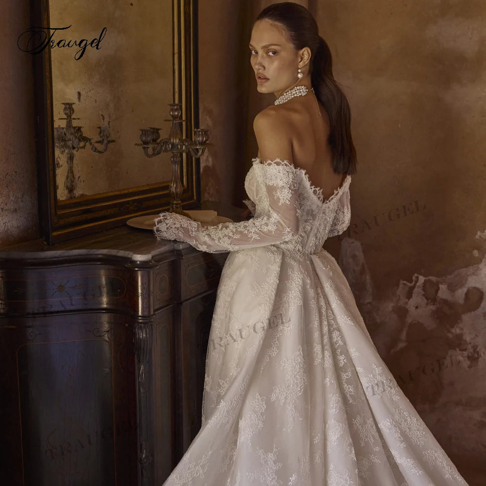 Romantic Sweetheart Lace A-Line Wedding Dress | Vintage Long-Sleeve Backless Bridal Gown | Full-Sleeve Cotton Voile Classic Court Train Dress Luxegan