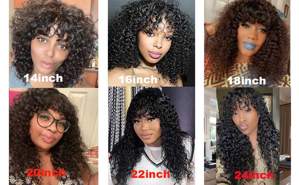 Long Water Wave Human Hair Wig with Bangs | Fully Machine-Made Glueless Malaysian Curly Style Wig | 100% Brazilian Remy Human Hair Fringe Wig for Women Luxegan