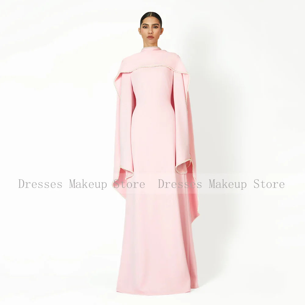 Customized Wedding Party Dress Black A Line Pearl Long Sleeves O Neck Evening Gown Long Shawl Saudi Arabian Formal Evening Dress