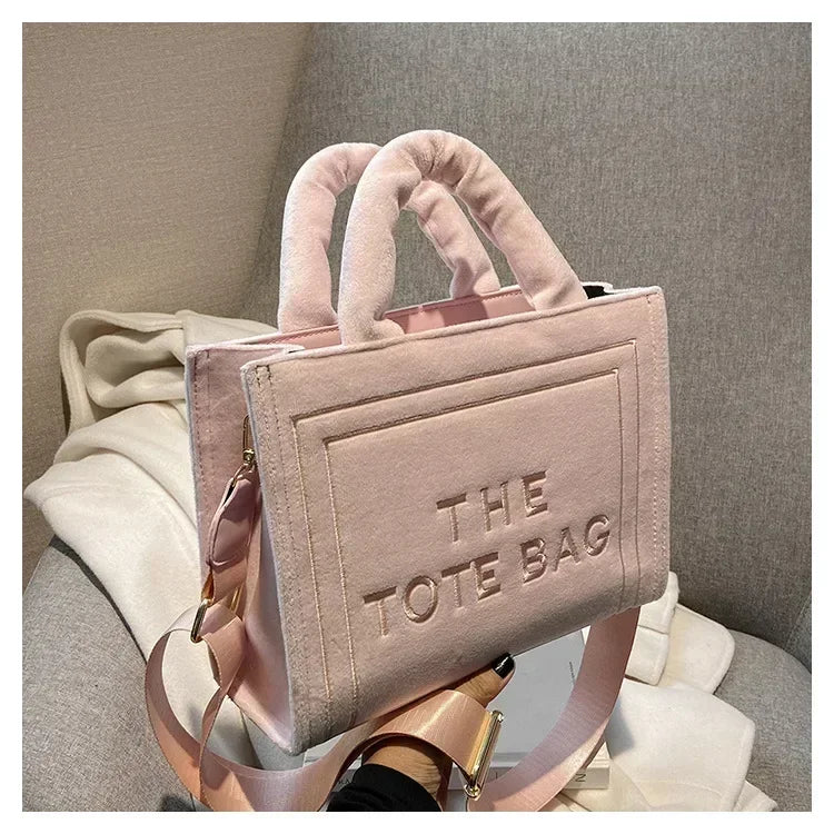 Aesthetic Velour Square Tote Bag | Elegant Letter Print Ladies Shoulder Bag | Sophisticated Felt & Velour Crossbody | Women’s Charisma Top-Handle Handbag with Interior Cell Phone Pocket Luxegan