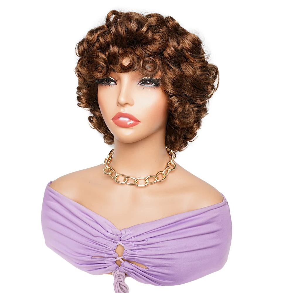 10-Inch Loose Wave Short Bob Human Hair Wig - 250% Density Full Machine-Made Glueless Wig - 100% Indian Remy Human Hair natural Color, Brown & Burgundy (#99J) Wig for Women Luxegan