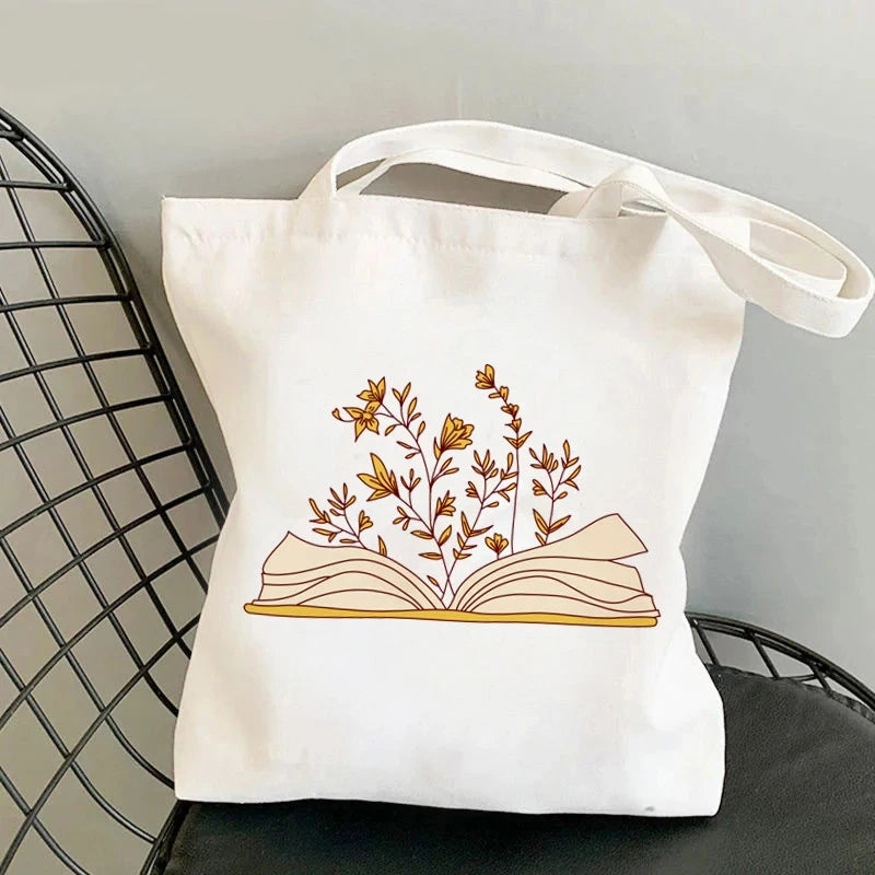 Flowery Books Printed Canvas Tote Bag | Retro Large Capacity Eco-friendly Shopping Bag | Unisex Student Schoolbag Shoulder Bag Luxegan