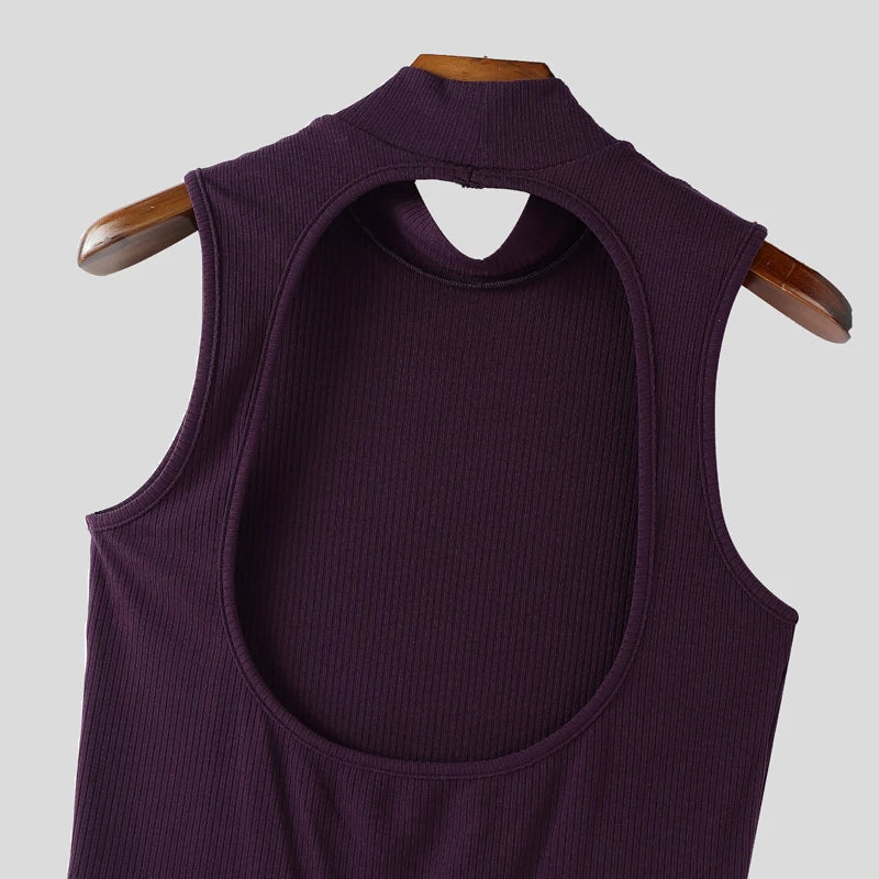 INCERUN Men Tank Tops Knitted Solid Color Turtleneck Sleeveless Male Vests Streetwear Hollow Out Backless Fashion Men Clothing