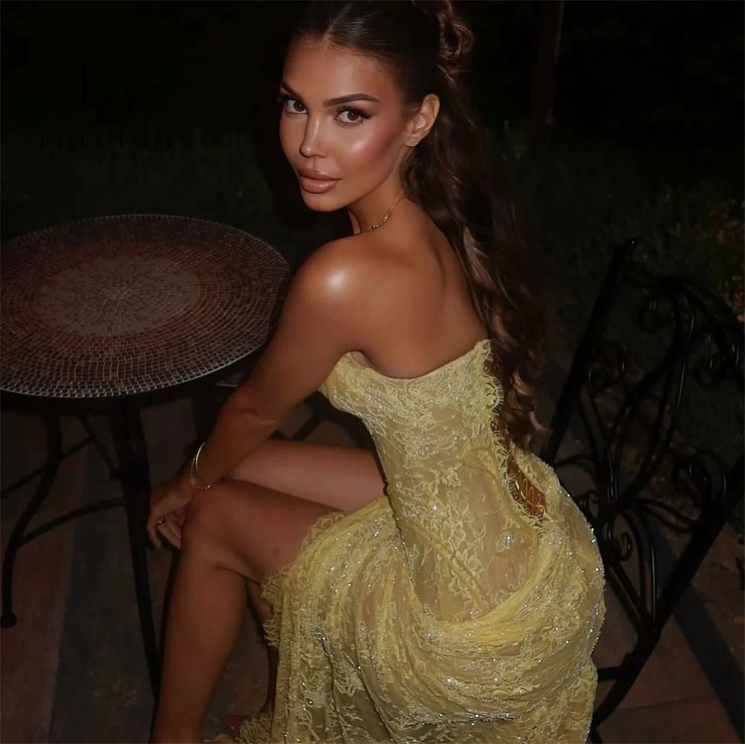 Women's Sexy Yellow Mermaid Prom Dress | Elegant Strapless Lace Evening Gown | Glamorous Floor-Length Trumpet Party Dress | Premium Satin & Microfiber Formal Robe with Built-in Bra Luxegan